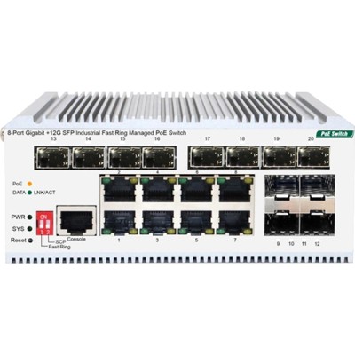 Коммутатор Managed L2 Industrial Fast Ring Switch 8x1000Base-T PoE, 12x1000Base-X SFP, PoE Budget 185W, Surge 4KV, -40 to 75°C