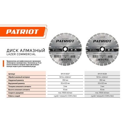 Диск LASER COMMERCIAL алмазный сегментный 350х25.4/20 бетон/асфальт PATRIOT 811010028