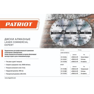 Диск EXPERT алмазный сегментный 350х25.4/20 по бетону PATRIOT 811010009