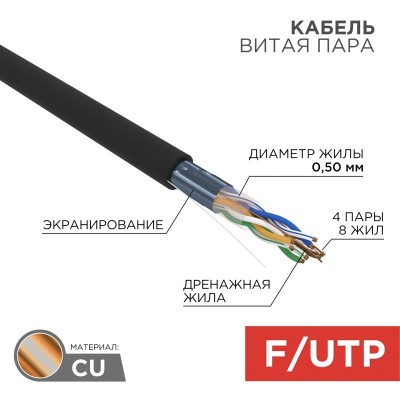 01-0165 ∙ Кабель витая пара F/UTP, CAT 5e, ZH нг(А)-HF, 4PR, 24AWG, Outdoor, SOLID, черный, 305 м, Rexant