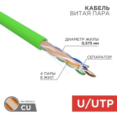 01-0071 ∙ Кабель витая пара U/UTP, cat.6, нг(А)-LSLTx, 4х2х0,575мм, 23AWG, Indoor, Solid, зеленый, 305м Rexant