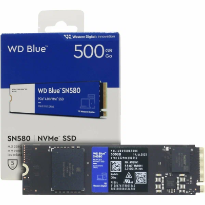 Твердотельный накопитель WD SSD Blue SN580 NVMe, 500GB, M.2(22x80mm), NVMe, PCIe 4.0 x4, 3D TLC, R/W 4000/3600MB/s, IOPs 450 000, TBW 300, DWPD 0.32 (12 мес.) WDS500G3B0E