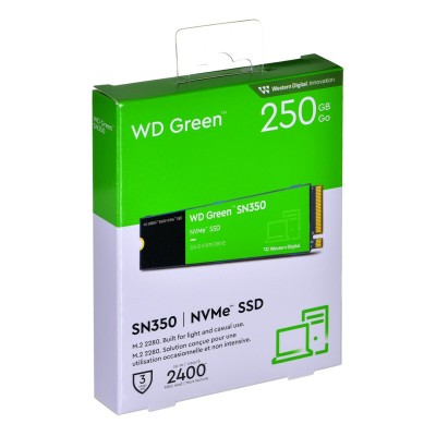 Твердотельный накопитель WD SSD Green SN350 NVMe, 250GB, M.2(22x80mm), NVMe, PCIe 3.0 x4, 3D TLC, R/W 2400/900MB/s, IOPs 160 000/150 000, TBW 40, DWPD 0.3 (12 мес.) NVMe