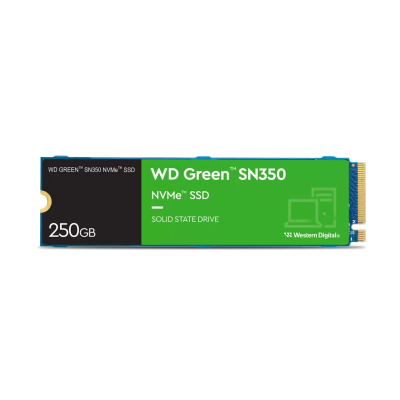 Твердотельный накопитель WD SSD Green SN350 NVMe, 250GB, M.2(22x80mm), NVMe, PCIe 3.0 x4, 3D TLC, R/W 2400/900MB/s, IOPs 160 000/150 000, TBW 40, DWPD 0.3 (12 мес.) NVMe