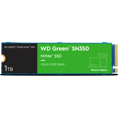 Твердотельный накопитель WD SSD Green SN350 NVMe, 1.0TB, M.2(22x80mm), NVMe, PCIe 3.0 x4, QLC, R/W 3200/2500MB/s, IOPs 300 000/400 000, TBW 100, DWPD 0.1 (12 мес.) WDS100T3G0C