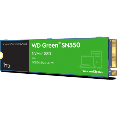 Твердотельный накопитель WD SSD Green SN350 NVMe, 1.0TB, M.2(22x80mm), NVMe, PCIe 3.0 x4, QLC, R/W 3200/2500MB/s, IOPs 300 000/400 000, TBW 100, DWPD 0.1 (12 мес.) WDS100T3G0C