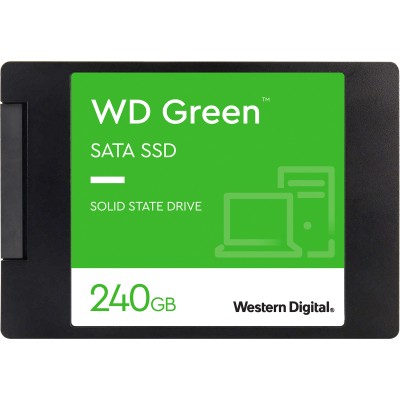 Твердотельные накопители WD SSD Green, 240GB, 2.5" 7mm, SATA3, 3D TLC, R/W 545/465MB/s, IOPs 37 000/68 000, TBW 80, DWPD 0.3 (12 мес.) (WDS240G3G0A)