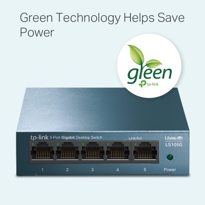 Коммутатор 5 ports Giga Unmanagement switch, 5 10/100/1000Mbps RJ-45 ports, metal shell, desktop and wall mountable, plug and play, support 802.1p QoS