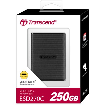 Твердотельный накопитель Transcend External SSD ESD270C, 250GB, Type-C, USB 3.1 Gen2, R/W 520/460MB/s, 77x56x10mm, Black (3 года)