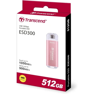 Флеш-накопитель Transcend External SSD ESD300C 512GB, Type C, 10Gbps (3.2 Gen2), R/W 1050/950MB/s, 60.1x20x7.8 mm, 9g, Pink