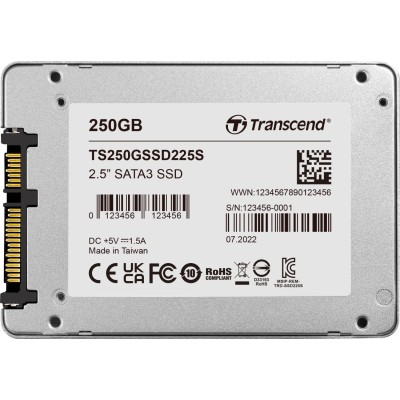 Твердотельный накопитель Transcend SSD SSD225S, 250GB, 2.5" 7mm, SATA3, R/W 500/330MB/s, IOPs 40 000/75 000, TBW 90, DWPD 0.3 (3 года)