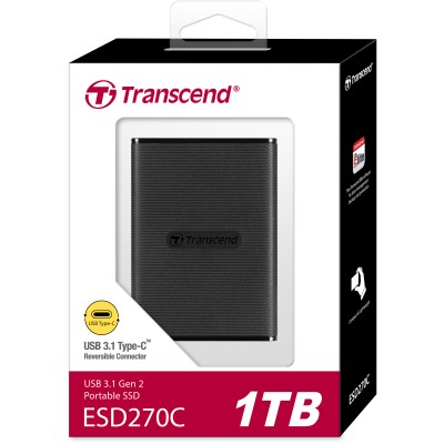 Твердотельный накопитель Transcend External SSD ESD270C, 1000GB, Type-C, USB 3.1 Gen2, R/W 520/460MB/s, 77x56x10mm, Black (3 года)