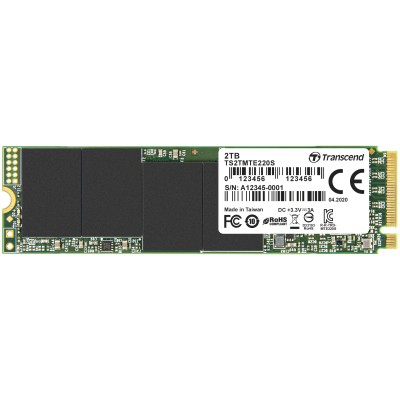 Твердотельный накопитель Transcend SSD MTE220S, 2048GB, M.2(22x80mm), NVMe 1.3, PCIe 3.0 x4, 3D TLC, R/W 3500/2900MB/s, IOPs 340 000/360 000, DRAM buffer 1024MB, TBW 4400, DWPD 1.2 (5 лет)