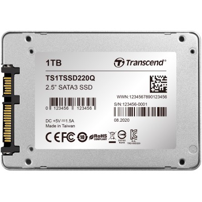 Твердотельный накопитель Transcend SSD SSD220Q, 1000GB, 2.5" 7mm, SATA3, QLC, R/W 550/500MB/s, IOPs 57 000/79 000, TBW 200, DWPD 0.19 (3 года)