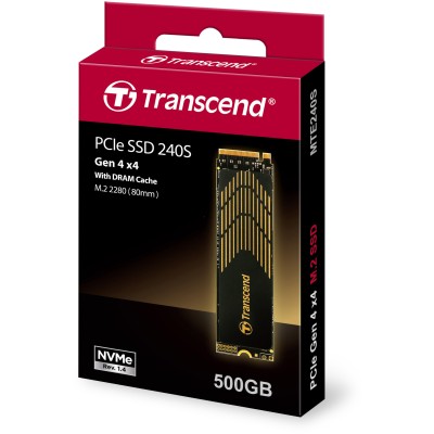 Твердотельный накопитель Transcend SSD MTE240S, 500GB, M.2(22x80mm), NVMe 1.4, PCIe 4.0 x4, 3D TLC, R/W 3800/2800MB/s, IOPs 190 000/540 000, DRAM buffer 512MB, TBW 850, DWPD 0.9 (5 лет)