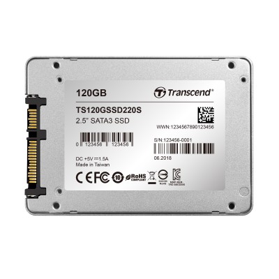 Твердотельный накопитель Transcend SSD SSD220S, 120GB, 2.5" 7mm, SATA3, 3D TLC, R/W 500/300MB/s, IOPs 28 000/75 000, TBW 40, DWPD 0.3 (3 года)